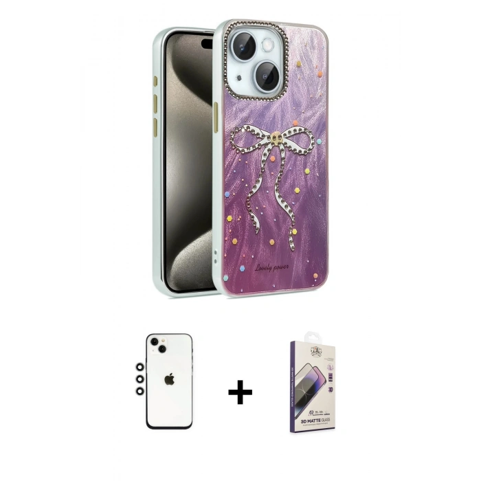 MARSİLYAN™- iPhone 14 Kılıf Zirve Modern Prime - Siyah Bilvis 3D Mat Cam Ekran Koruyucu + Shine Kamera Lens - GS
