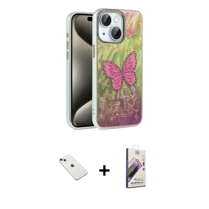 MARSİLYAN™- iPhone 14 Kılıf Zirve Modern Prime - Siyah Bilvis 3D Mat Cam Ekran Koruyucu + Diamond Kamera Lens - KI