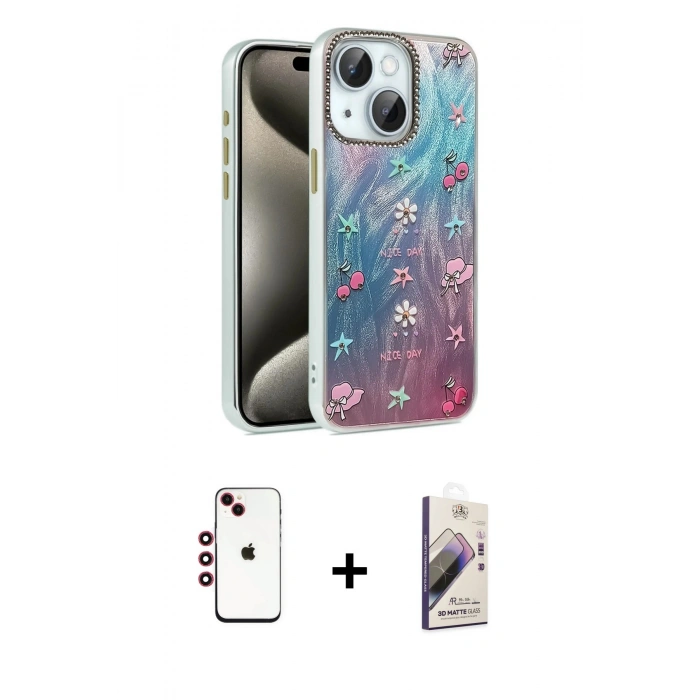MARSİLYAN™- iPhone 14 Kılıf Zirve Modern Prime - Siyah Bilvis 3D Mat Cam Ekran Koruyucu + Shine Kamera Lens - KI