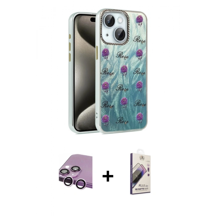MARSİLYAN™- iPhone 14 Kılıf Zirve Modern Prime - Siyah Bilvis 3D Mat Cam Ekran Koruyucu + Raze Metal Kamera Lens - MR