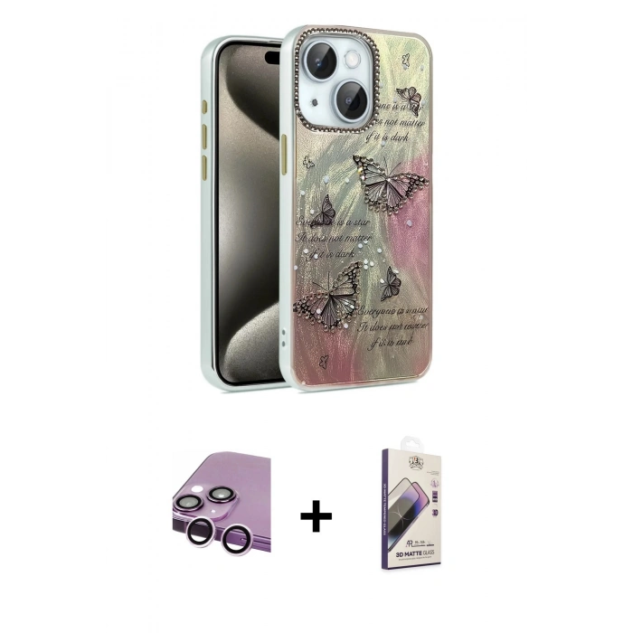 MARSİLYAN™- iPhone 14 Kılıf Zirve Modern Prime - Siyah Bilvis 3D Mat Cam Ekran Koruyucu + Raze Metal Kamera Lens - MR