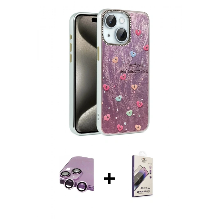 MARSİLYAN™- iPhone 14 Kılıf Zirve Modern Prime - Siyah Bilvis 3D Mat Cam Ekran Koruyucu + Raze Metal Kamera Lens - MR