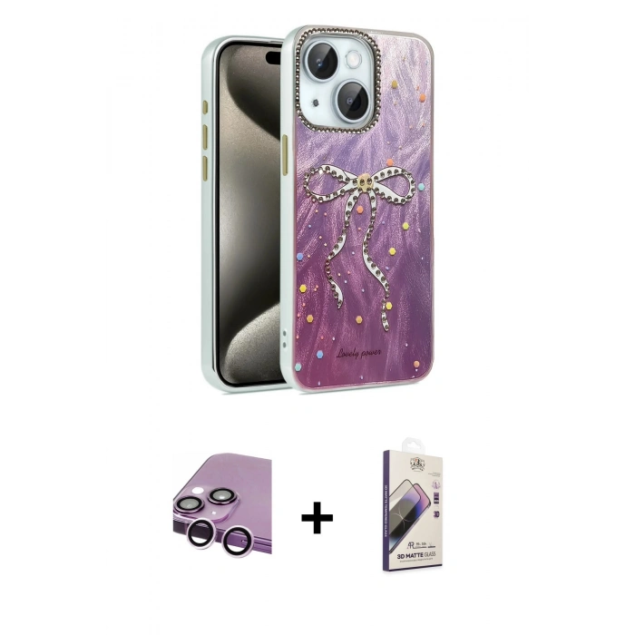 MARSİLYAN™- iPhone 14 Kılıf Zirve Modern Prime - Siyah Bilvis 3D Mat Cam Ekran Koruyucu + Raze Metal Kamera Lens - MR