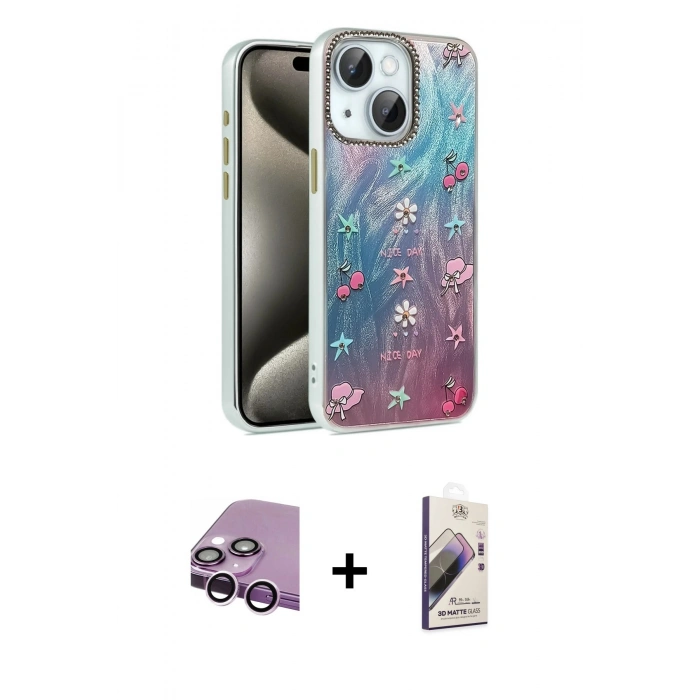 MARSİLYAN™- iPhone 14 Kılıf Zirve Modern Prime - Siyah Bilvis 3D Mat Cam Ekran Koruyucu + Raze Metal Kamera Lens - MR