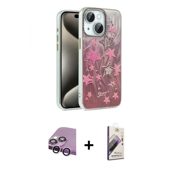 MARSİLYAN™- iPhone 14 Kılıf Zirve Modern Prime - Siyah Bilvis 3D Mat Cam Ekran Koruyucu + Raze Metal Kamera Lens - MR