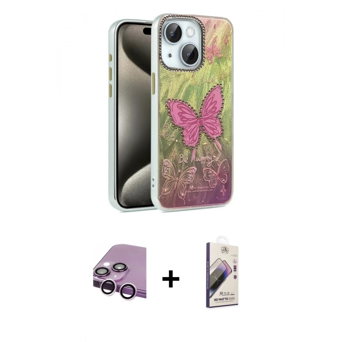 MARSİLYAN™- iPhone 14 Kılıf Zirve Modern Prime - Siyah Bilvis 3D Mat Cam Ekran Koruyucu + Raze Metal Kamera Lens - MR