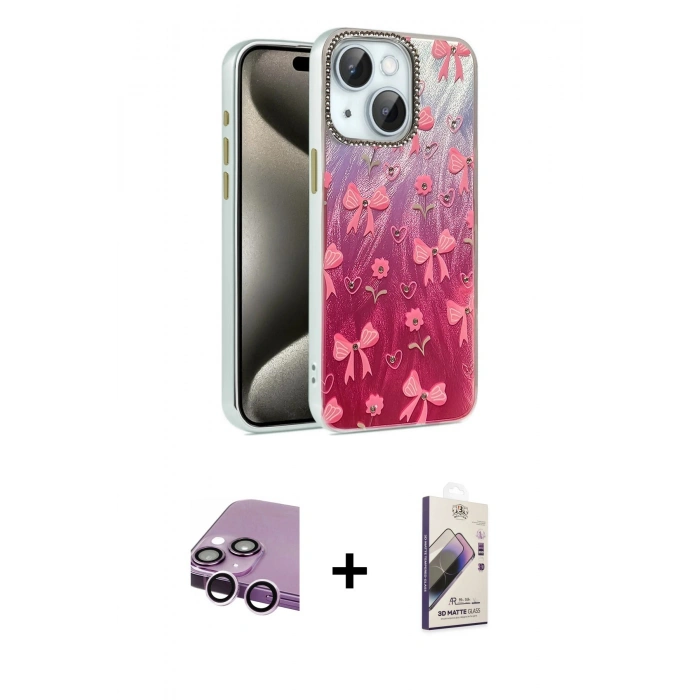 MARSİLYAN™- iPhone 14 Kılıf Zirve Modern Prime - Siyah Bilvis 3D Mat Cam Ekran Koruyucu + Raze Metal Kamera Lens - MR