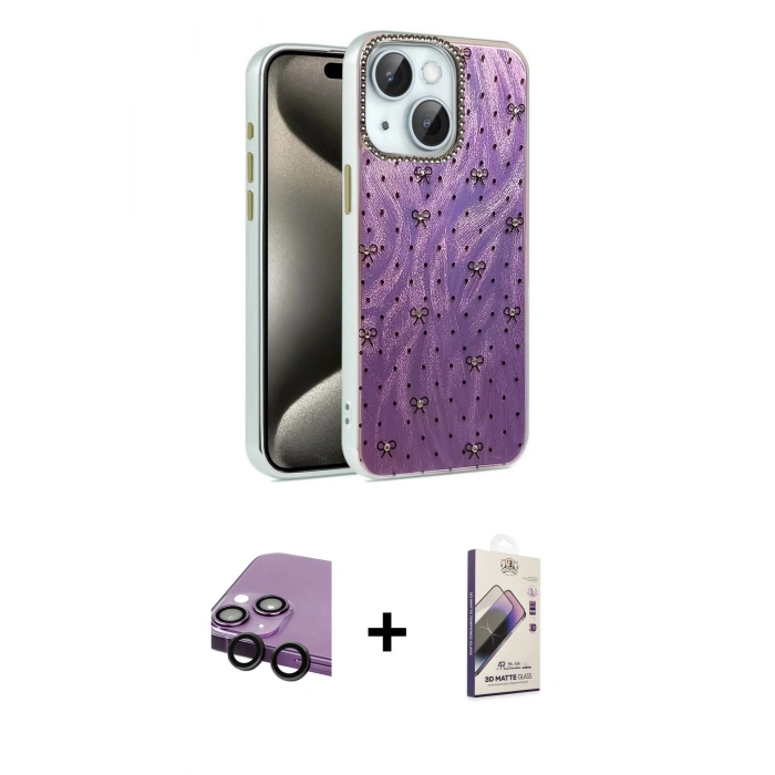 MARSİLYAN™- iPhone 14 Kılıf Zirve Modern Prime - Siyah Bilvis 3D Mat Cam Ekran Koruyucu + Raze Metal Kamera Lens - SH