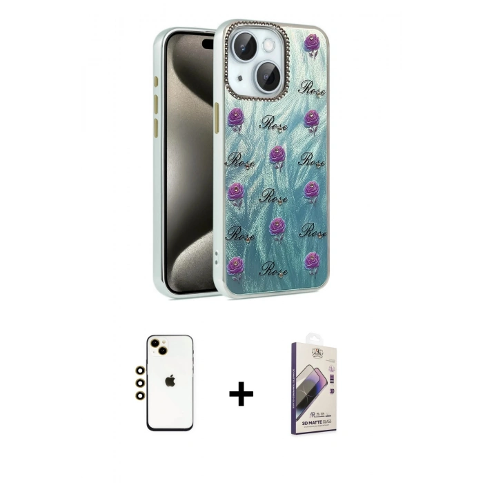 MARSİLYAN™- iPhone 14 Kılıf Zirve Modern Prime - Siyah Bilvis 3D Mat Cam Ekran Koruyucu + Shine Kamera Lens - GD