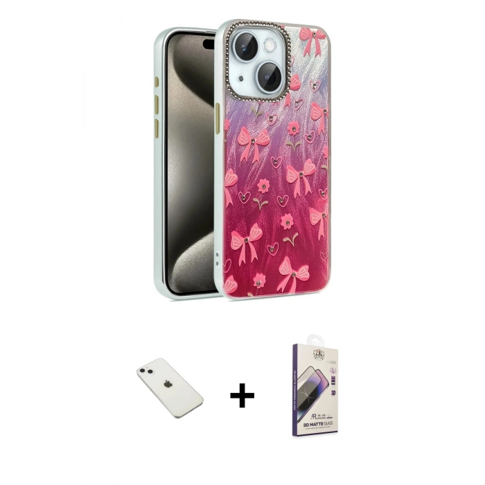 MARSİLYAN™- iPhone 14 Kılıf Zirve Modern Prime - Siyah Bilvis 3D Mat Cam Ekran Koruyucu + Diamond Kamera Lens - SABE