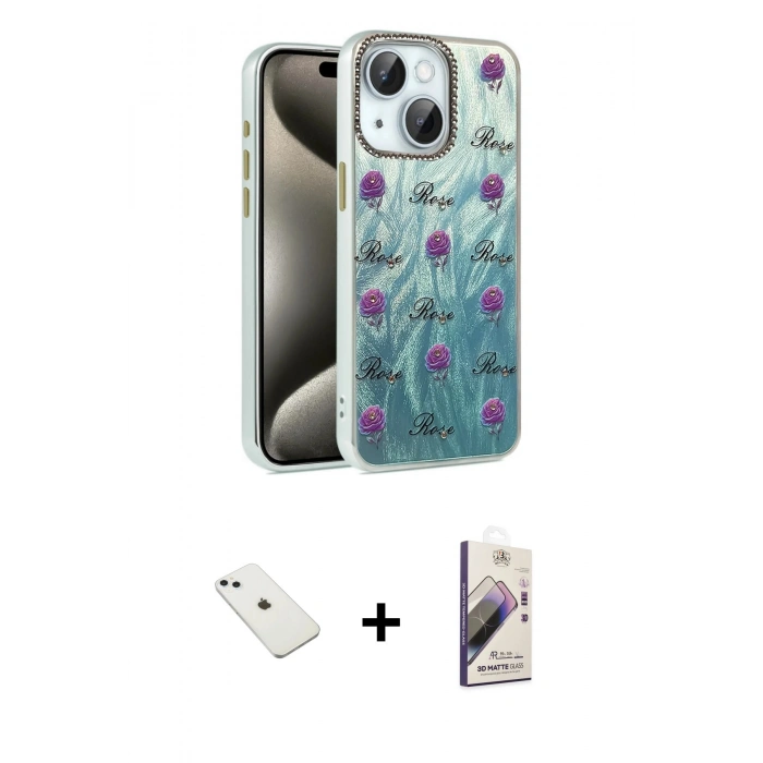 MARSİLYAN™- iPhone 14 Kılıf Zirve Modern Prime - Siyah Bilvis 3D Mat Cam Ekran Koruyucu + Diamond Kamera Lens - SABE