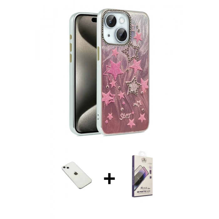 MARSİLYAN™- iPhone 14 Kılıf Zirve Modern Prime - Siyah Bilvis 3D Mat Cam Ekran Koruyucu + Diamond Kamera Lens - SABE