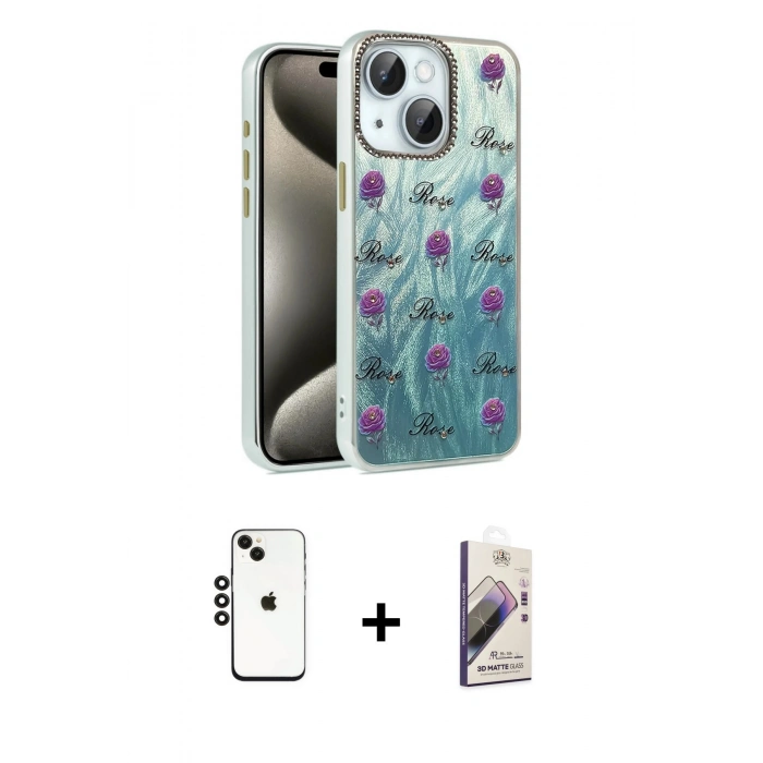 MARSİLYAN™- iPhone 14 Kılıf Zirve Modern Prime - Siyah Bilvis 3D Mat Cam Ekran Koruyucu + Shine Kamera Lens - SH