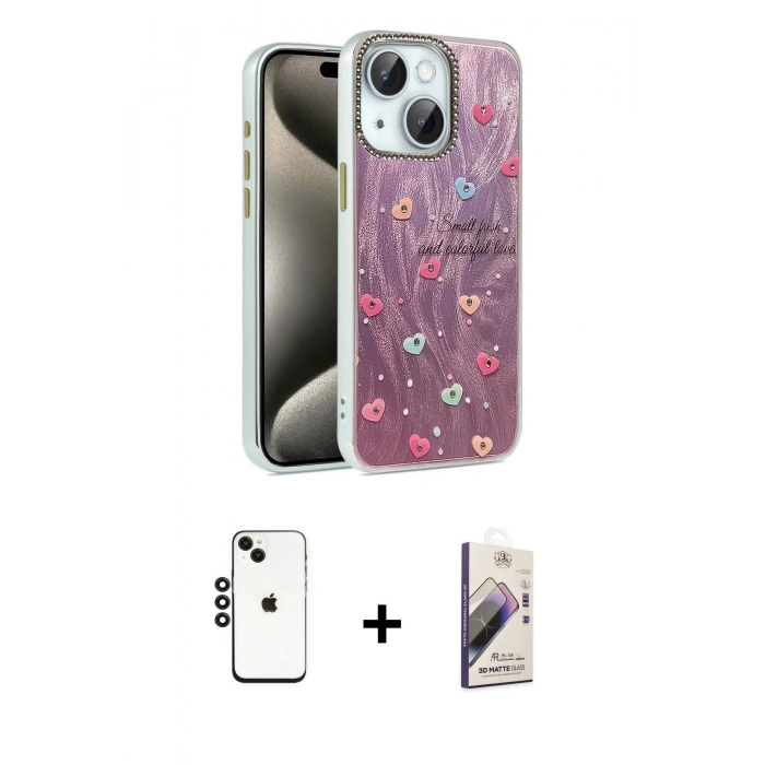 MARSİLYAN™- iPhone 14 Kılıf Zirve Modern Prime - Siyah Bilvis 3D Mat Cam Ekran Koruyucu + Shine Kamera Lens - SH