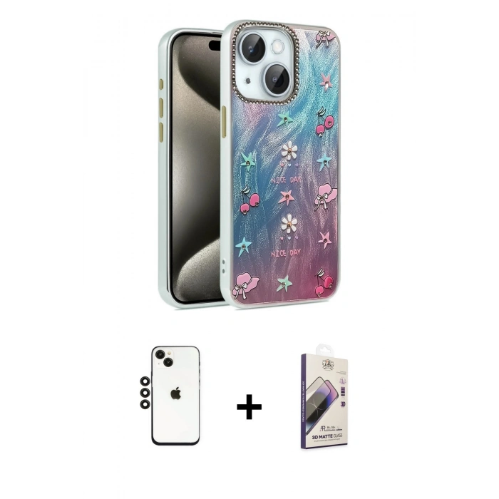 MARSİLYAN™- iPhone 14 Kılıf Zirve Modern Prime - Siyah Bilvis 3D Mat Cam Ekran Koruyucu + Shine Kamera Lens - SH