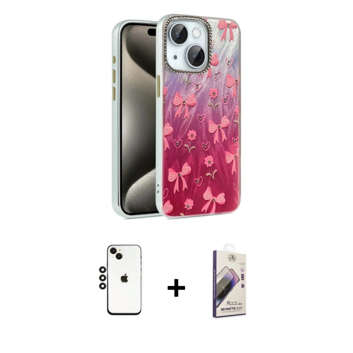 MARSİLYAN™- iPhone 14 Kılıf Zirve Modern Prime - Siyah Bilvis 3D Mat Cam Ekran Koruyucu + Shine Kamera Lens - SH