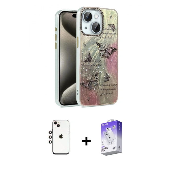 MARSİLYAN™- iPhone 14 Kılıf Zirve Modern Prime - Siyah Bilvis 5in1 3D Magic Cam Ekran Koruyucu + Shine Kamera Lens - GI