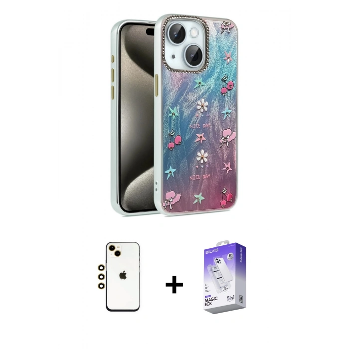 MARSİLYAN™- iPhone 14 Kılıf Zirve Modern Prime - Siyah Bilvis 5in1 3D Magic Cam Ekran Koruyucu + Shine Kamera Lens - GD