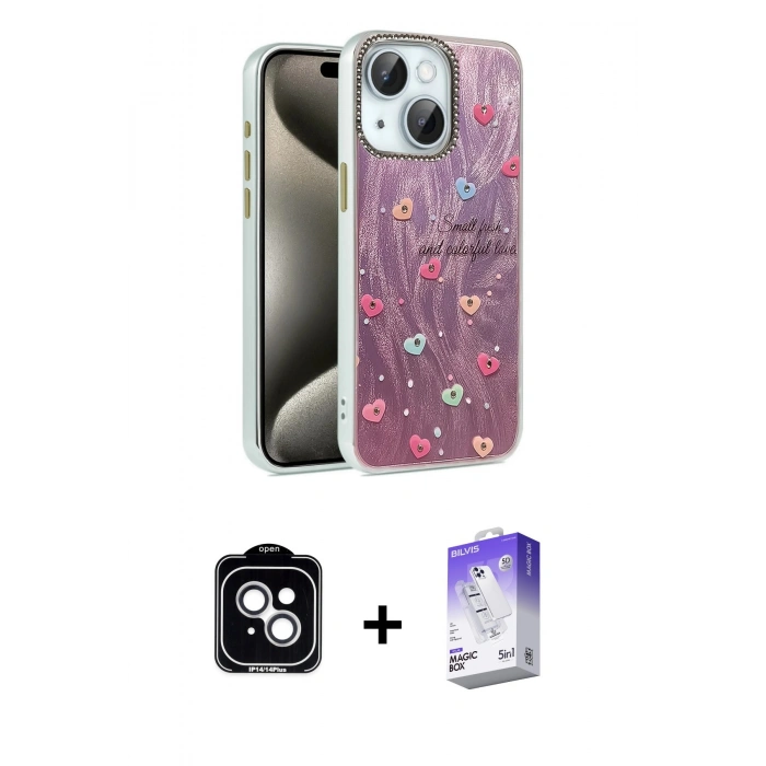 MARSİLYAN™- iPhone 14 Kılıf Zirve Modern Prime - Siyah Bilvis 5in1 3D Magic Cam Ekran Koruyucu + PVD Metal Kamera Lens - GS