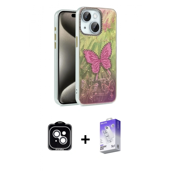 MARSİLYAN™- iPhone 14 Kılıf Zirve Modern Prime - Siyah Bilvis 5in1 3D Magic Cam Ekran Koruyucu + PVD Metal Kamera Lens - GS