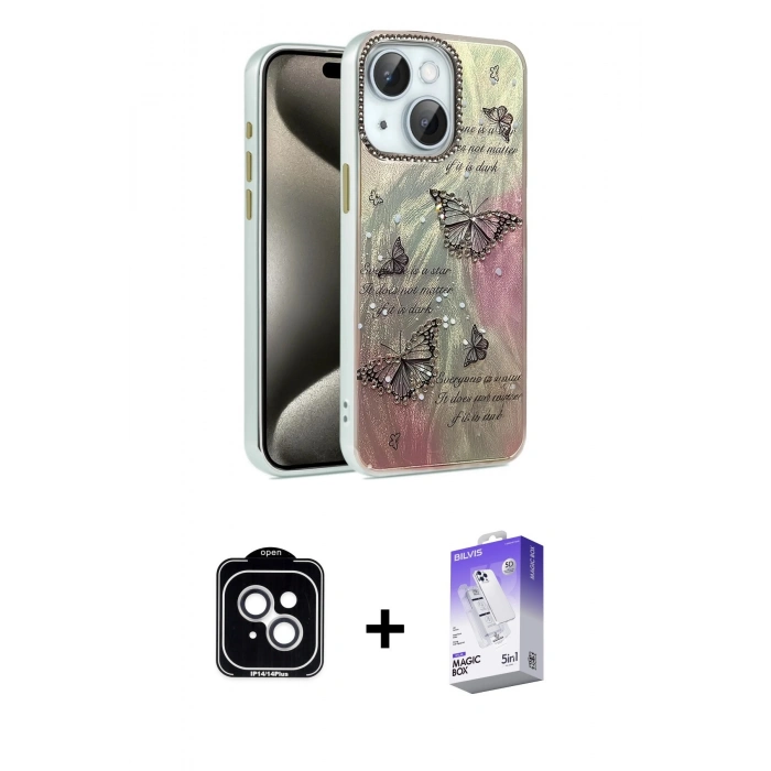 MARSİLYAN™- iPhone 14 Kılıf Zirve Modern Prime - Siyah Bilvis 5in1 3D Magic Cam Ekran Koruyucu + PVD Metal Kamera Lens - GS