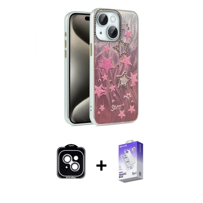 MARSİLYAN™- iPhone 14 Kılıf Zirve Modern Prime - Siyah Bilvis 5in1 3D Magic Cam Ekran Koruyucu + PVD Metal Kamera Lens - GS