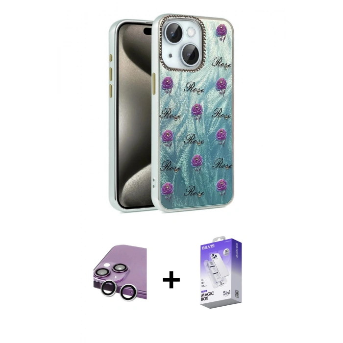 MARSİLYAN™- iPhone 14 Kılıf Zirve Modern Prime - Siyah Bilvis 5in1 3D Magic Cam Ekran Koruyucu + Raze Metal Kamera Lens - GS
