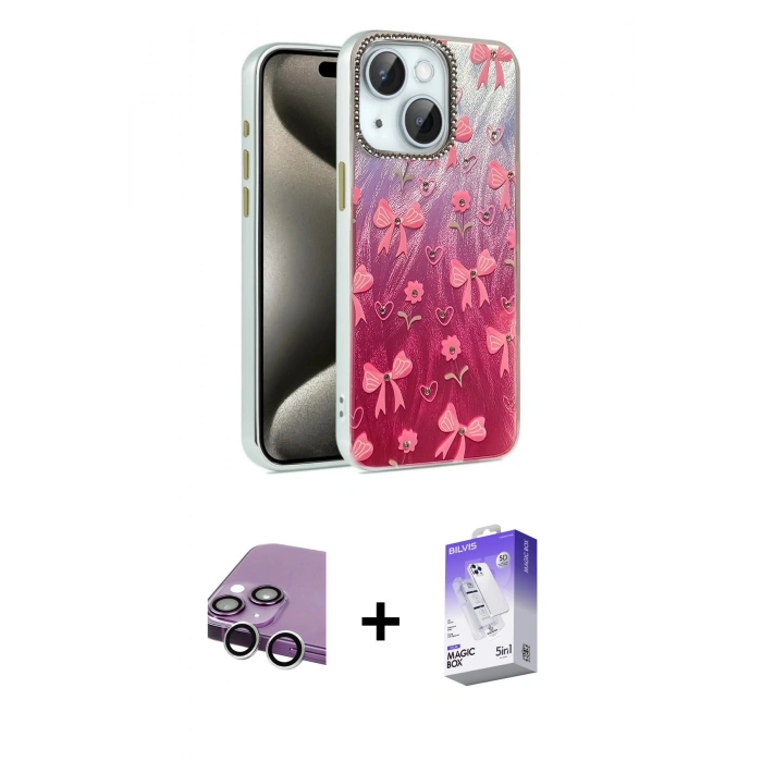 MARSİLYAN™- iPhone 14 Kılıf Zirve Modern Prime - Siyah Bilvis 5in1 3D Magic Cam Ekran Koruyucu + Raze Metal Kamera Lens - GS