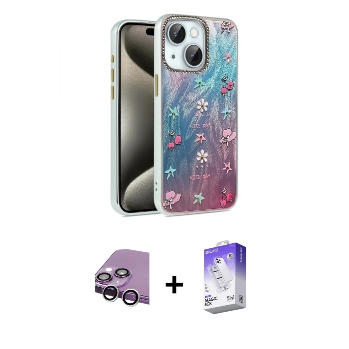 MARSİLYAN™- iPhone 14 Kılıf Zirve Modern Prime - Siyah Bilvis 5in1 3D Magic Cam Ekran Koruyucu + Raze Metal Kamera Lens - GS