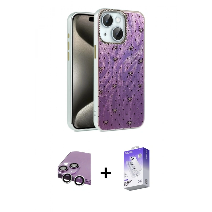 MARSİLYAN™- iPhone 14 Kılıf Zirve Modern Prime - Siyah Bilvis 5in1 3D Magic Cam Ekran Koruyucu + Raze Metal Kamera Lens - GS