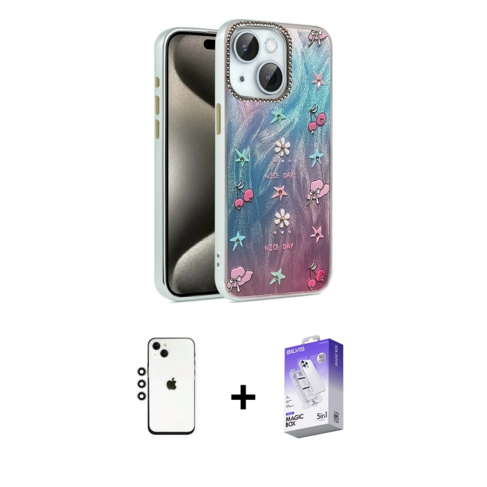MARSİLYAN™- iPhone 14 Kılıf Zirve Modern Prime - Siyah Bilvis 5in1 3D Magic Cam Ekran Koruyucu + Shine Kamera Lens - GS