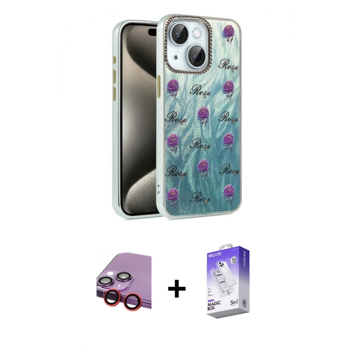 MARSİLYAN™- iPhone 14 Kılıf Zirve Modern Prime - Siyah Bilvis 5in1 3D Magic Cam Ekran Koruyucu + Raze Metal Kamera Lens - KI