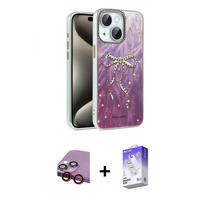 MARSİLYAN™- iPhone 14 Kılıf Zirve Modern Prime - Siyah Bilvis 5in1 3D Magic Cam Ekran Koruyucu + Raze Metal Kamera Lens - KI