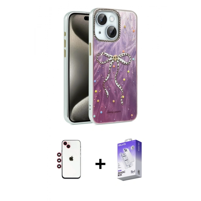 MARSİLYAN™- iPhone 14 Kılıf Zirve Modern Prime - Siyah Bilvis 5in1 3D Magic Cam Ekran Koruyucu + Shine Kamera Lens - KI