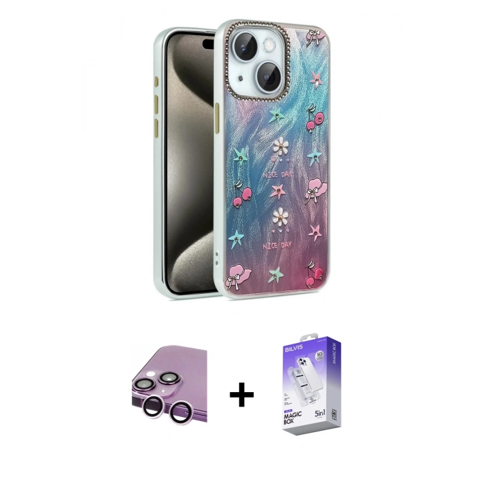MARSİLYAN™- iPhone 14 Kılıf Zirve Modern Prime - Siyah Bilvis 5in1 3D Magic Cam Ekran Koruyucu + Raze Metal Kamera Lens - MR