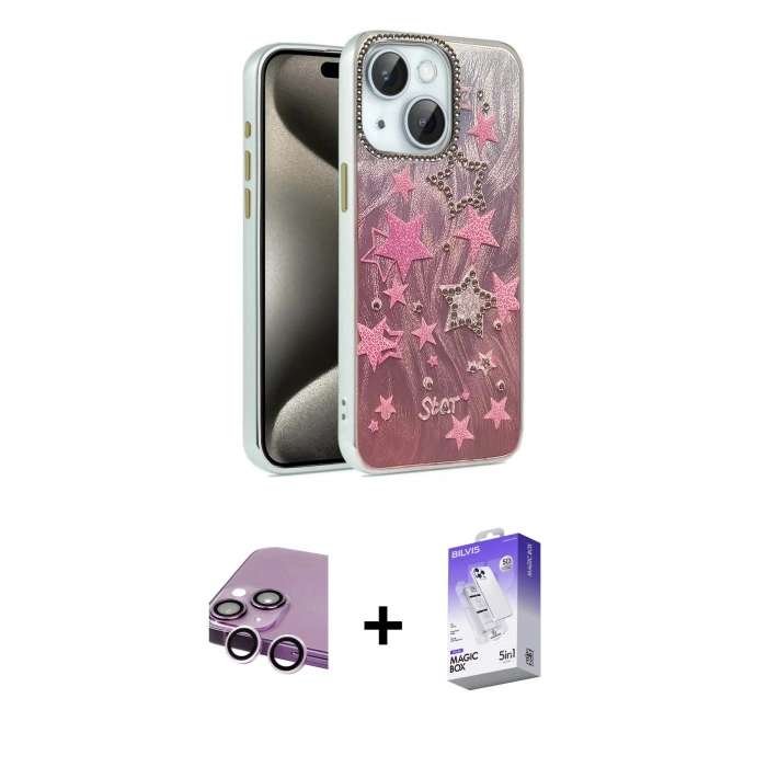 MARSİLYAN™- iPhone 14 Kılıf Zirve Modern Prime - Siyah Bilvis 5in1 3D Magic Cam Ekran Koruyucu + Raze Metal Kamera Lens - MR