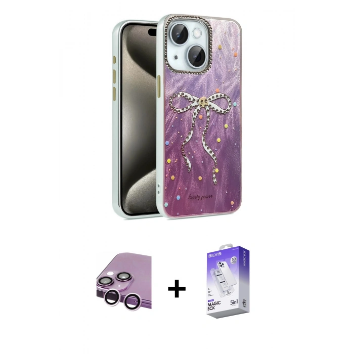 MARSİLYAN™- iPhone 14 Kılıf Zirve Modern Prime - Siyah Bilvis 5in1 3D Magic Cam Ekran Koruyucu + Raze Metal Kamera Lens - MR