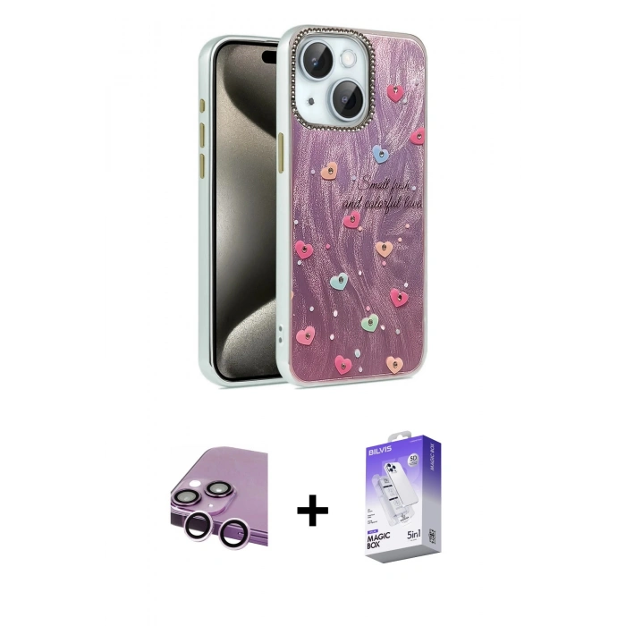 MARSİLYAN™- iPhone 14 Kılıf Zirve Modern Prime - Siyah Bilvis 5in1 3D Magic Cam Ekran Koruyucu + Raze Metal Kamera Lens - MR