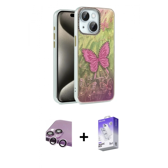 MARSİLYAN™- iPhone 14 Kılıf Zirve Modern Prime - Siyah Bilvis 5in1 3D Magic Cam Ekran Koruyucu + Raze Metal Kamera Lens - MR