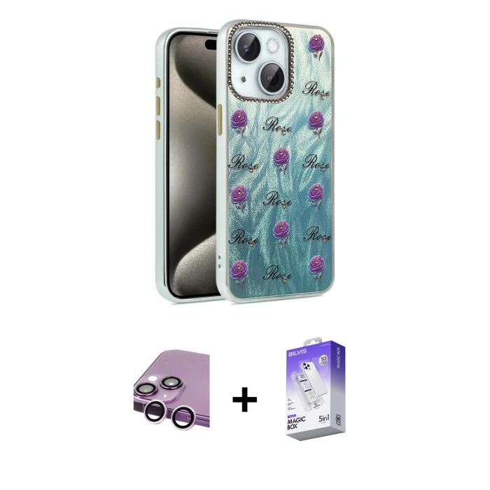 MARSİLYAN™- iPhone 14 Kılıf Zirve Modern Prime - Siyah Bilvis 5in1 3D Magic Cam Ekran Koruyucu + Raze Metal Kamera Lens - MR