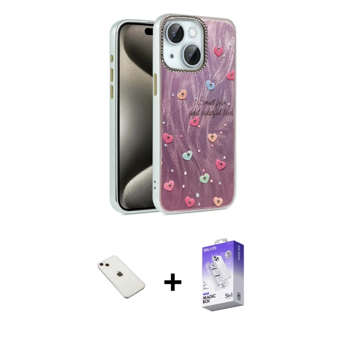 MARSİLYAN™- iPhone 14 Kılıf Zirve Modern Prime - Siyah Bilvis 5in1 3D Magic Cam Ekran Koruyucu + Diamond Kamera Lens - PE