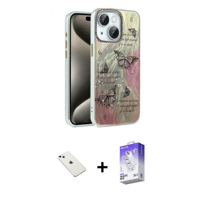 MARSİLYAN™- iPhone 14 Kılıf Zirve Modern Prime - Siyah Bilvis 5in1 3D Magic Cam Ekran Koruyucu + Diamond Kamera Lens - PE
