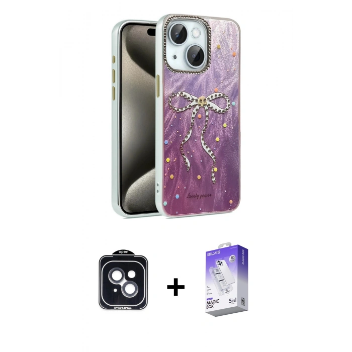 MARSİLYAN™- iPhone 14 Kılıf Zirve Modern Prime - Siyah Bilvis 5in1 3D Magic Cam Ekran Koruyucu + PVD Metal Kamera Lens - SH