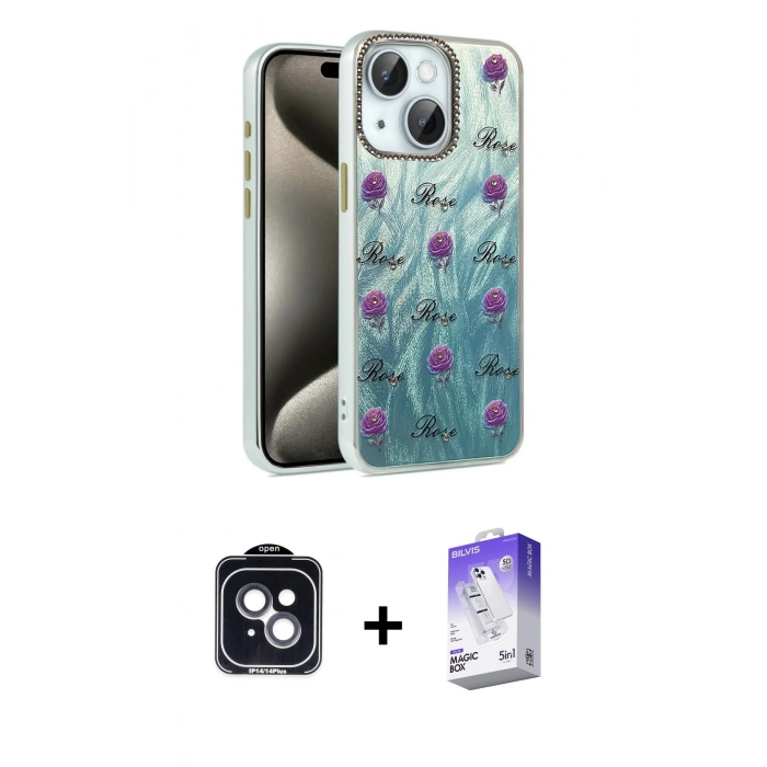 MARSİLYAN™- iPhone 14 Kılıf Zirve Modern Prime - Siyah Bilvis 5in1 3D Magic Cam Ekran Koruyucu + PVD Metal Kamera Lens - SH