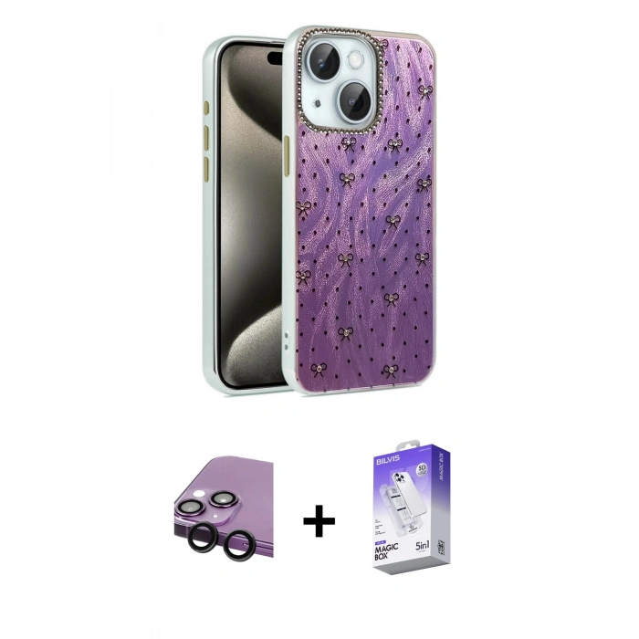 MARSİLYAN™- iPhone 14 Kılıf Zirve Modern Prime - Siyah Bilvis 5in1 3D Magic Cam Ekran Koruyucu + Raze Metal Kamera Lens - SH