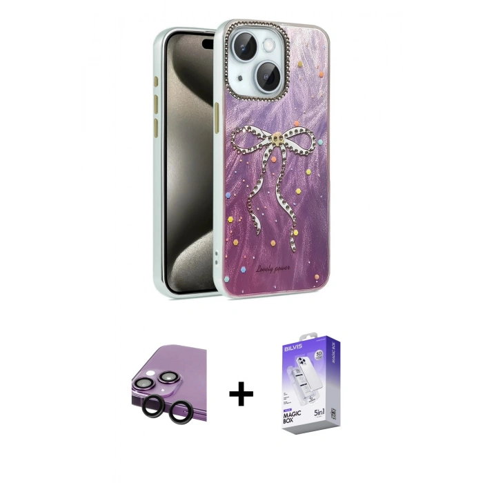 MARSİLYAN™- iPhone 14 Kılıf Zirve Modern Prime - Siyah Bilvis 5in1 3D Magic Cam Ekran Koruyucu + Raze Metal Kamera Lens - SH