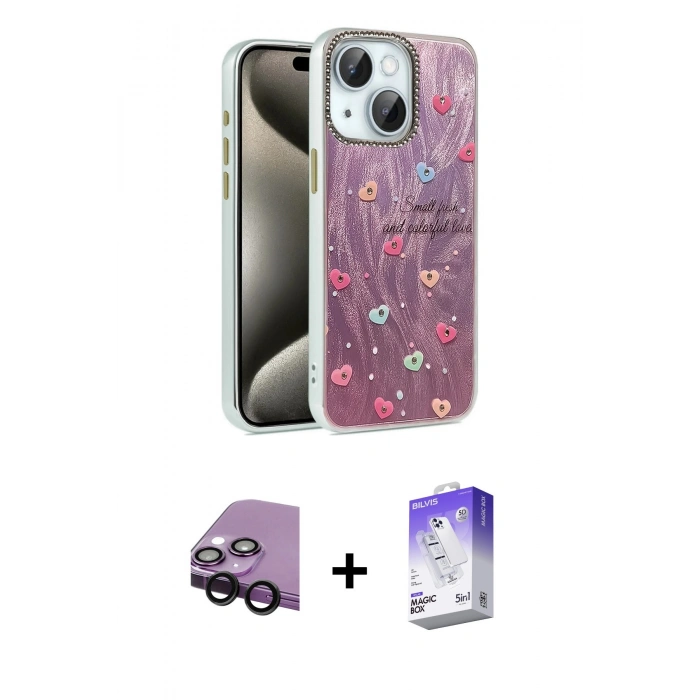 MARSİLYAN™- iPhone 14 Kılıf Zirve Modern Prime - Siyah Bilvis 5in1 3D Magic Cam Ekran Koruyucu + Raze Metal Kamera Lens - SH
