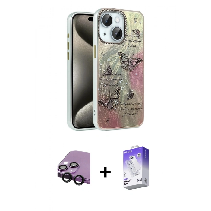 MARSİLYAN™- iPhone 14 Kılıf Zirve Modern Prime - Siyah Bilvis 5in1 3D Magic Cam Ekran Koruyucu + Raze Metal Kamera Lens - SH