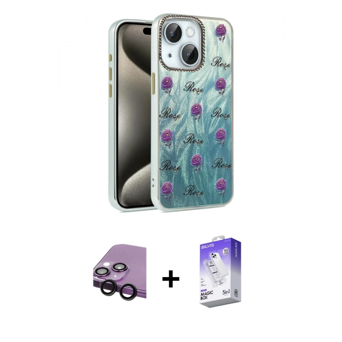 MARSİLYAN™- iPhone 14 Kılıf Zirve Modern Prime - Siyah Bilvis 5in1 3D Magic Cam Ekran Koruyucu + Raze Metal Kamera Lens - SH