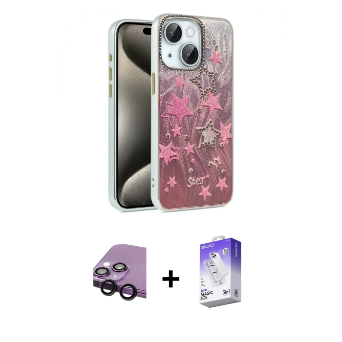 MARSİLYAN™- iPhone 14 Kılıf Zirve Modern Prime - Siyah Bilvis 5in1 3D Magic Cam Ekran Koruyucu + Raze Metal Kamera Lens - SH